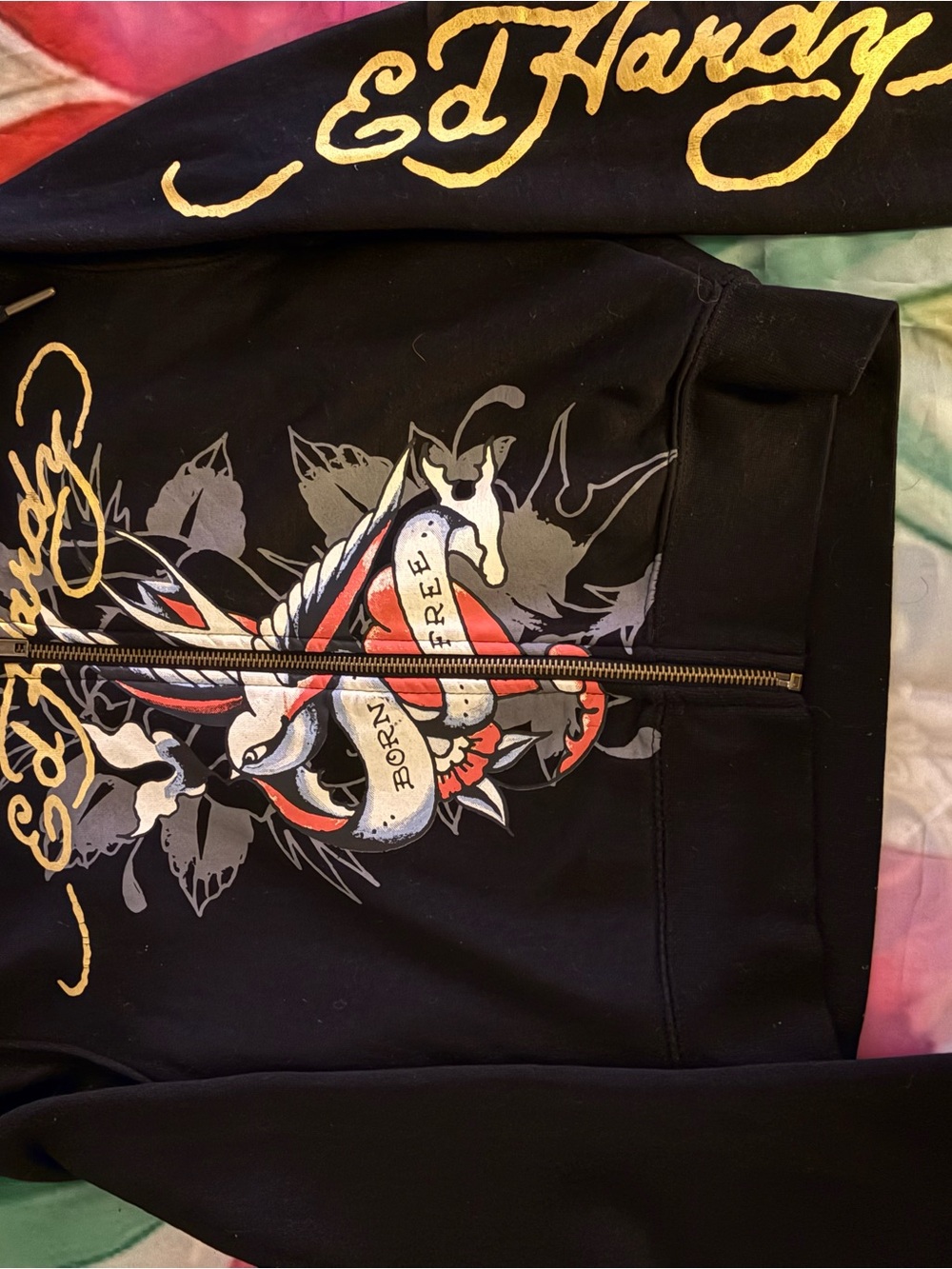 Ed Hardy Black Zip Hoodie with Red, White and Gold Tattoo Graphic